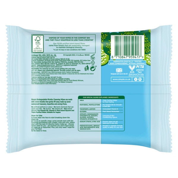 Simple Kind to Skin Water Boost Micellar Cleansing Wipes 20 wipes