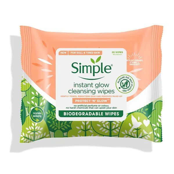 Simple Protect N Glow Biodegradable Wipes Instant Glow X20