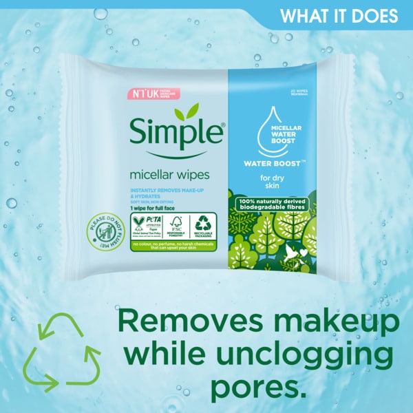 Simple Kind to Skin Water Boost Micellar Cleansing Wipes 20 wipes