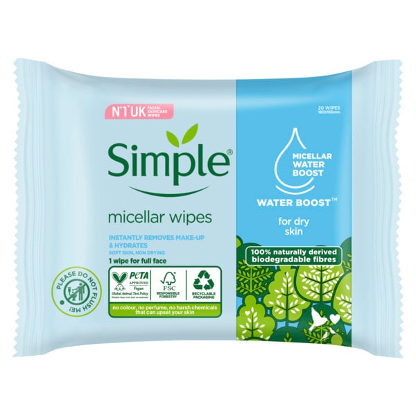 Simple Kind to Skin Water Boost Micellar Cleansing Wipes 20 wipes